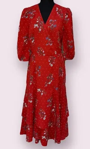 Chelsea28 Floral Dot Print Tiered Wrap Dress in Dusty Red SZ 6