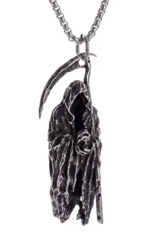 Grim Reaper Necklace Pendant Halloween Horror Vintage Silver Goth Punk 22in Silver