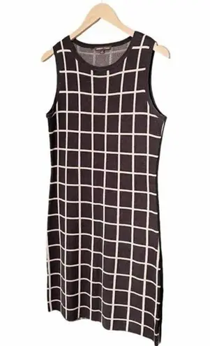 Adrienne Vittadini Sweater Knit Dress Gray Cream Windowpane Plaid Size Medium