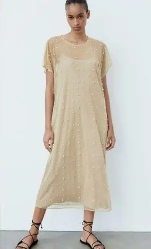 ZARA NWT  Mesh Pearl Beaded Midi Dress XS/S Tan