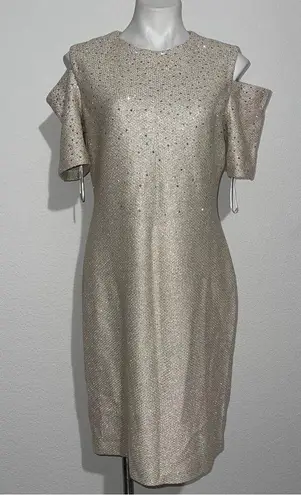 St. John Studded Cold-Shoulder Tweed Sheath Dress in Gold Multi Size 12 NWT $1795