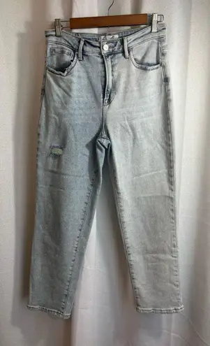 Risen High Rise Distresed Crop Straight Denim Jeans Light Wash Size 7/28 0437 Blue