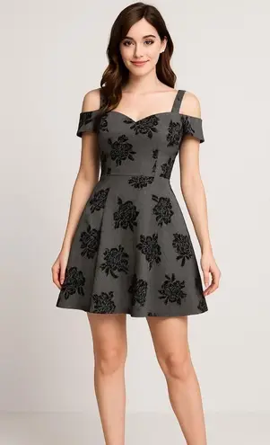 Honey and Rosie Off Shoulder Fit & Flare Dress Gray Black Floral Size Medium