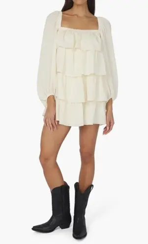 We Wore What tiered long sleeve mini dress crinkle chiffon ze1 ivory white xsmall