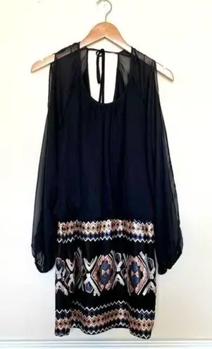 As You Wish As U Wish black brown sequin tribal open sleeve shift blouson mini dress large