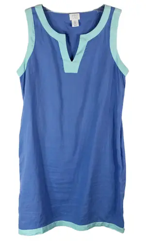 Sigrid Olsen Small Dress Shift Blue Linen Mini Solid V Neck Sleeveless 139