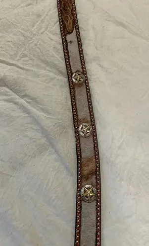 Vintage Hand Tooled Leather Belt Western Size 34 Silver Buckle Authentic Boho Brown