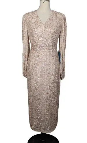 Mac Duggal Long Sleeve Sequin Midi Cocktail Dress Nude Blush Pink Size 4