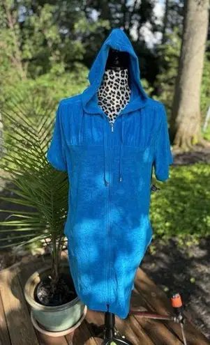 Swim 365 Women's Sz 14/16 Hooded Terry Swim Cover Up Blue Full Zip Short Sleeves