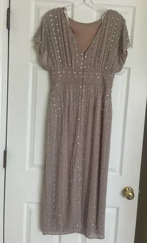 Mac Duggal Beaded Empire Waist Column Midi Cocktail Dress