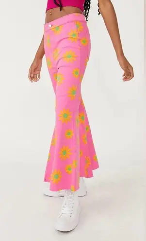 Free People  Pink Lipstick Combo Floral Print High Rise Flare Jeans Women’s 28