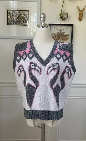 Vintage 80s Jolie Flamingo Pink Grey White Sweater Vest M Size M