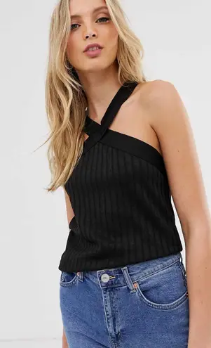 Mango Halter Neck Rib Knit Top In Black M