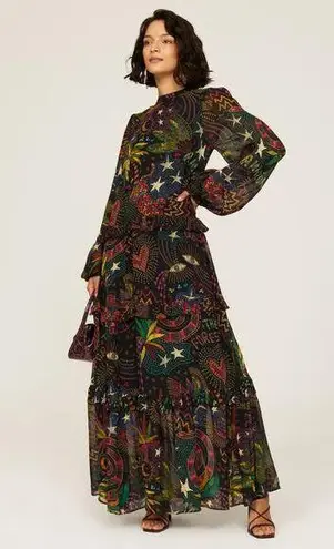 Farm Rio Black Amazonia High Neck Jungle Theme Ruffle Tiers Maxi Dress Size XS
