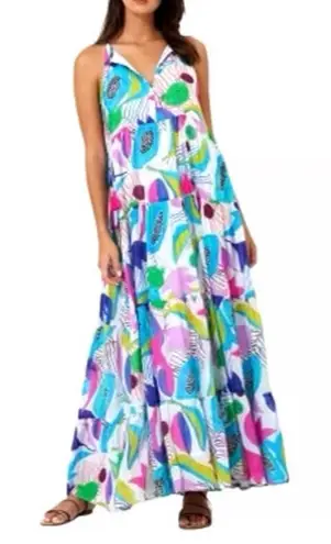 Oliphant Cotton Silk Tiered Maxi Dress Size Medium Multicolor Tassel