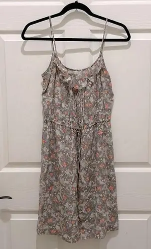 Hinge Gray Floral with Orange Flowers Spaghetti Strap Gathered Waist Silk Dress