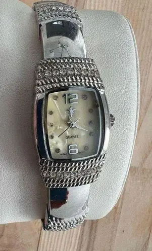 Accutime Ladies Watch Crystals Stainless Hinged Cuff Bracelet Pearl Dial