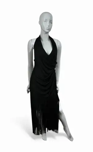 Vintage 80s Climax for David Howard Karen Okada Black Halter Fringe Gown 16 EUC Size undefined