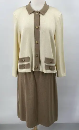 Vintage Mita 2 Piece Knit Cardigan & Skirt Set Matching Cream Tan Womens 18