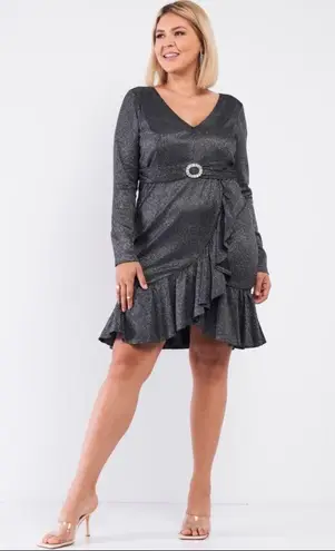 Symphony Shimmer Belted Asymmetrical Flare Hem V-neck Dress Black/Silver Size 2X