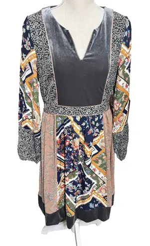 Mystree Dress Patchwork Velvet front Fall boho peasant gypsy festival sz M