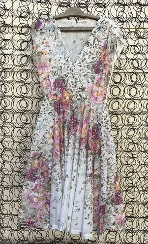 Vintage 80s Whimsy Sheer Floral Swiss Dot Wrap Front Dress White Size M