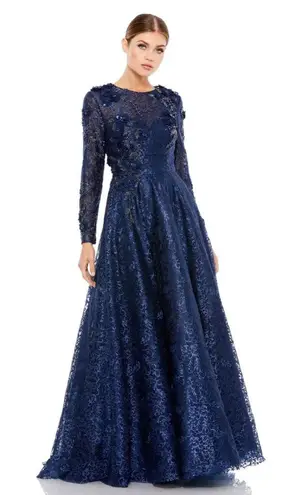 Mac Duggal Women’s Embellished Illusion Long Sleeve A-Line Gown Navy Sz 8- NWOT