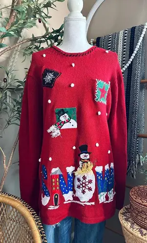 Vintage 90s Holiday Editions Christmas Whimsical Snowman Ugly Sweater Red Size L