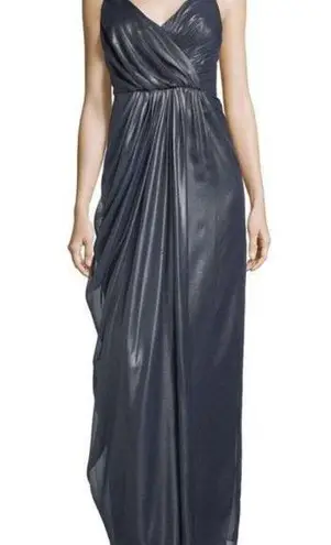 Vera Wang  Navy Metallic Chiffon Draped Pleated Maxi Gown Evening Formal Dress