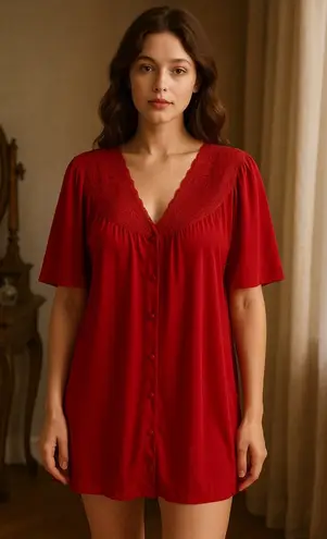 Vanity Fair Vintage Red Lace Pajama Top Women’s L | Button Up Nightgown Blouse