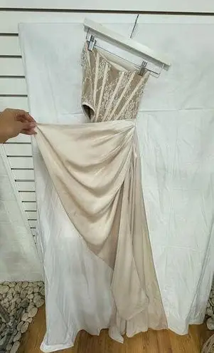 Miss Circle Floral Strapless Corset Cutout High Slit Satin Gown Beige Women's XS