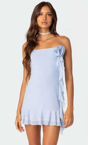 Edikted Blue Thalia Flower Pin Ruffle Mini Dress