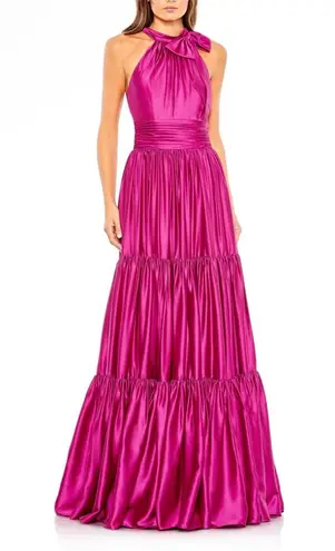 Mac Duggal RUFFLE TIERED SOFT TIE HALTER NECK GOWN