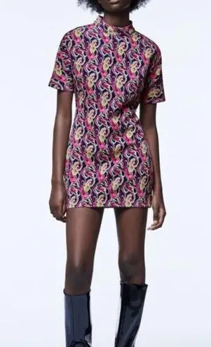 ZARA Printed Mini Dress With Collar Mock Neck Short Sleeve Dress Medium -  $45 New With Tags - From Four