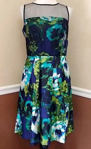 London Times NEW  ModCloth Blue & Green Floral Pleated Sheer Yoke Cocktail Dress