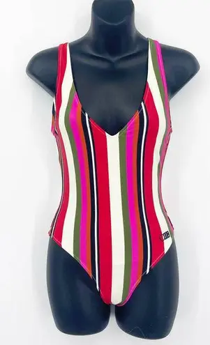 Solid & Striped  V Neck Low Back Striped One Piece Swimsuit Pink Small