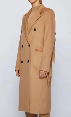 Hugo Boss  - Long Line Coat In Virgin Wool With Fringe Detailing - Light Brown