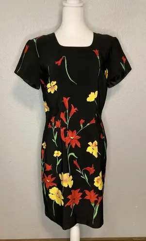 Y2K Vintage Sheath Dress Women’s 5/6 Black Floral Zip Short Sleeve Square Neck