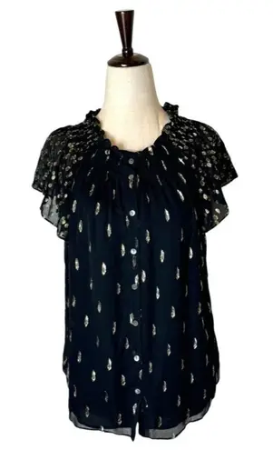 Rebecca Taylor Shirt Women 4 Black Metallic Gold Silk Ruffle Button Down Top