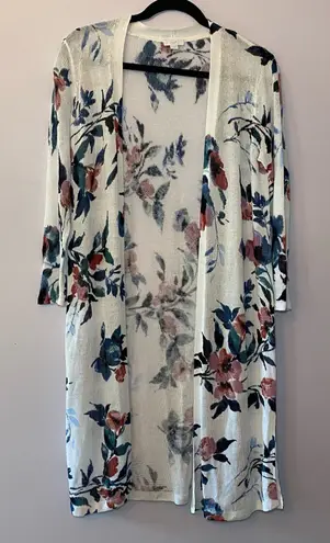 J. Jill White Floral Linen Blend Duster Long Cardigan Minimalist Women's size XS