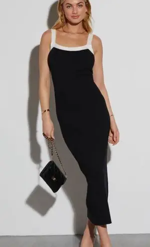 Antistar Elevated Black Ribbed Knit White Accent Midi Dress M