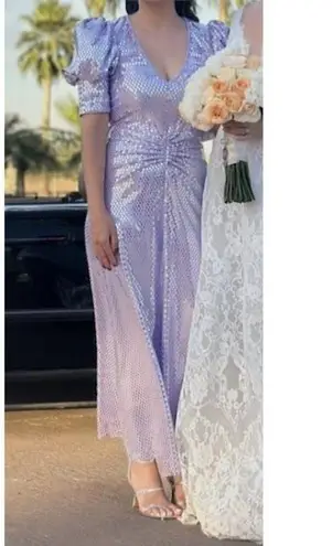 ROTATE Sierina Ruched Puff Sleeve Metallic Midi Dress in Purple Size US 0