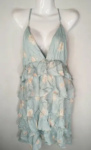 Milkweed Floral Tiered Ruffle Mini Dress Mint Blue Medium NWT Cottage Prairie