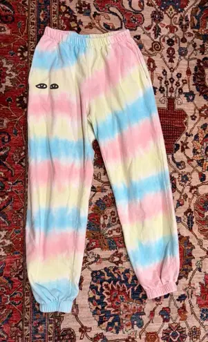 Clare V Tie Dye Jogger Sweatpants Pastel Rainbow Eyes Graphic XS LA Made Lounge Pink
