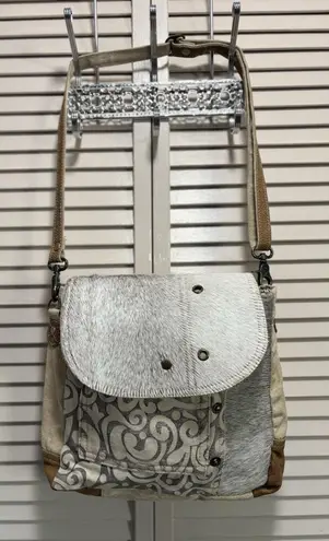 Myra Hair On Cowhide Leather Canvas Paisley Shoulder Bag Boho Gray/Tan