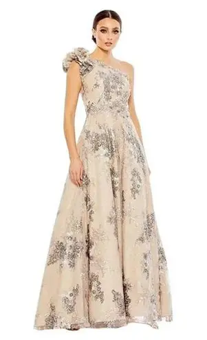 Mac Duggal NWT One Shoulder Sequin Lace Ballgown in Mocha Multi Size 8