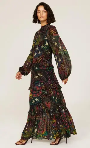 Farm Rio Black Amazonia High Neck Jungle Theme Ruffle Tiers Maxi Dress Size XS