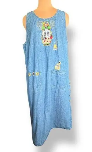 Vintage Quacker Factory Denim Jumper Midi Dress Plus 2X Yellow Floral Embroidery Blue