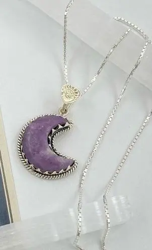 Crescent Moon Purple Lepidolite Worry Stone Solid Sterling Silver Necklace