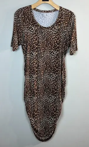Motherhood Maternity Dress 2X Brown Leopard Ruched Short Sleeve Knee Length